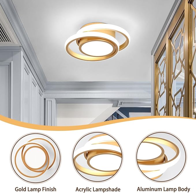 CANEOE Small Modern LED Ceiling Light, Gold Round Hallway Light Fixtures Ceilings, Indoor Ceiling Lamp Fixtures for Hallway Living Room Bedroom Kitchen Office Lighting Fixture