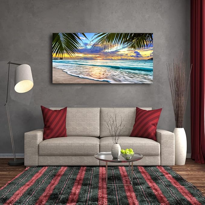 Beach Canvas Wall Art Seascape Theme Pictures Home Decor Blue Ocean White Wave Palm Tree Prints Paintings for Living Room Bathroom Bedroom Kitchen Office Decoration Natural Scenery Artwork 20x40inches