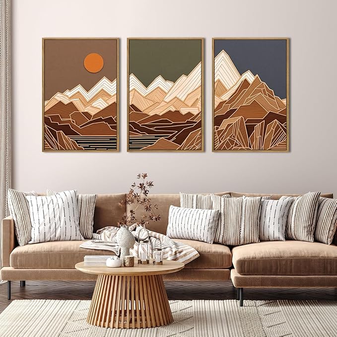 IARTTOP Large Mountain Framed Canvas Wall Art 16x24 Inch Set of 3 Abstract Mountain Woodcut Wall Decor for Living Room Bedroom Office