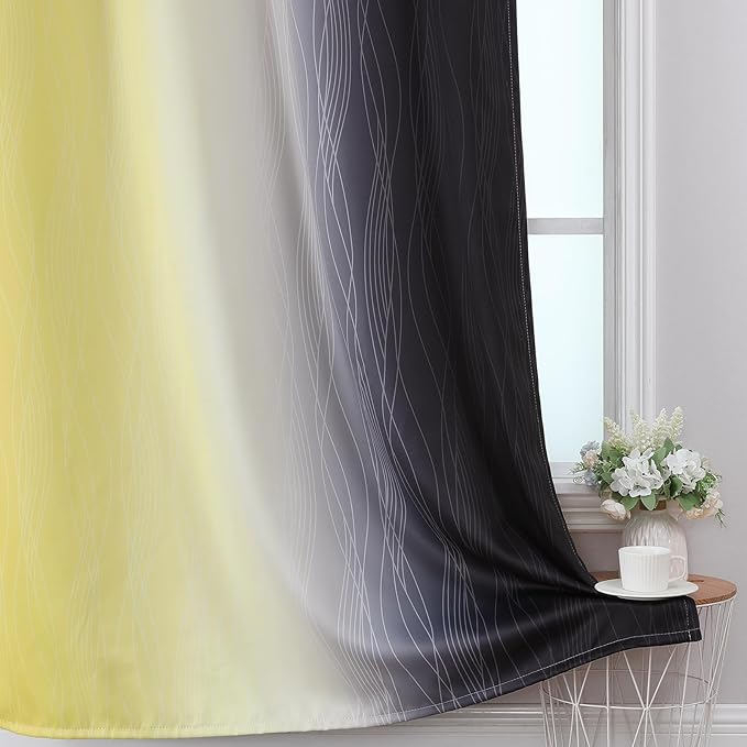 Estelar Textiler Black and Yellow Blackout Curtains for Living Room, Full Room Darkening Grommet Ombre Curtains for Bedroom, Thermal Insulated Light Blocking Gradient Drapes, 52Wx72L, 2 Panels