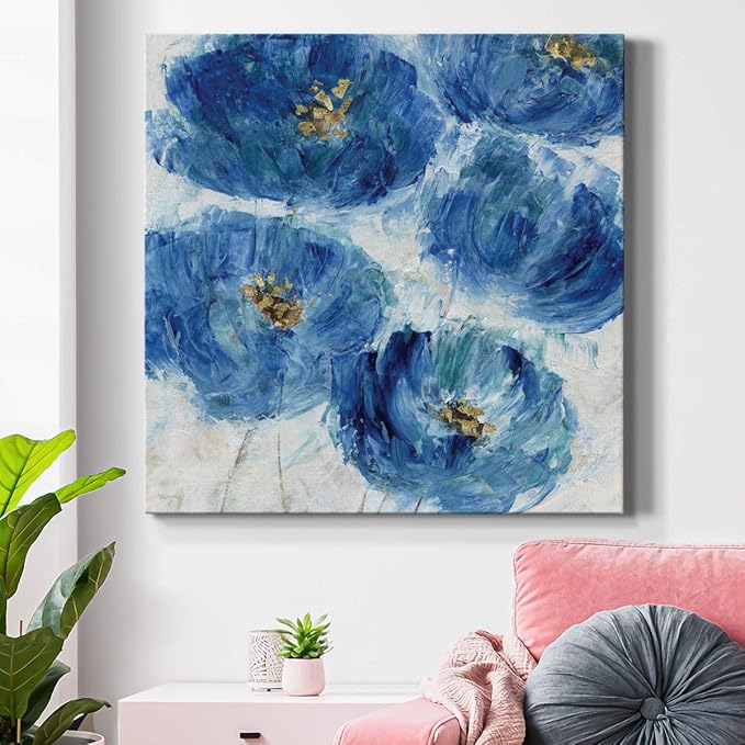 Wexford Home Square Premium Gallery Wrapped Canvas Flower Multicolor Wall Art Abstract Floral Romance Modern Pictures Print for Home Office, Ready to Hang, blue floral fleck, 24x24