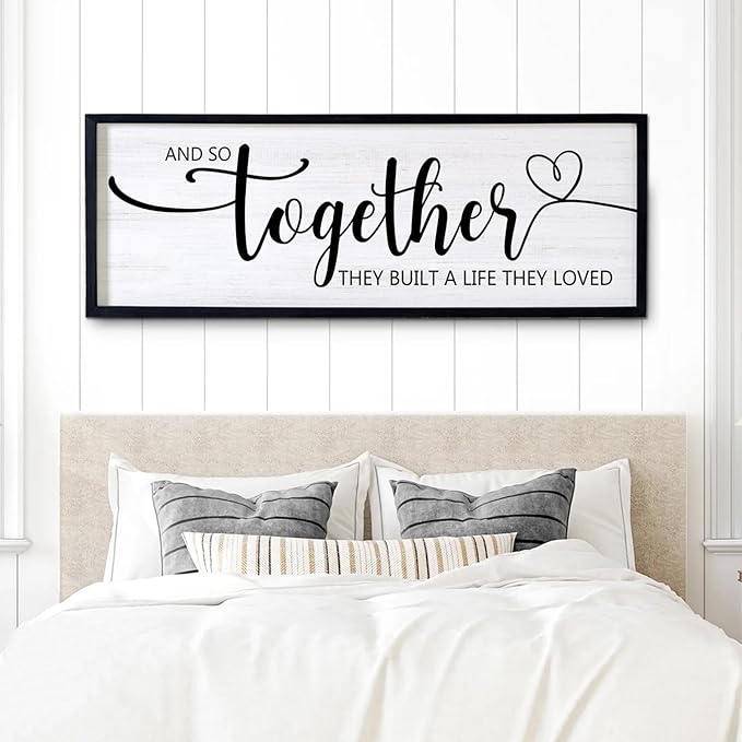 And So Together They Built A Life They Loved Decorative Rustic Sign & Plaque Framed Wall Art for Couples, 40''×15' Vintage 'Wooden Long Wall Decor Above Bed, Horizontal Farmhouse Wedding Gift