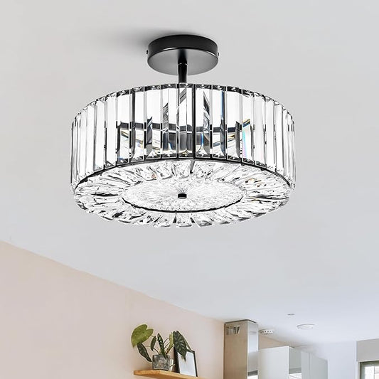 VONLUCE Crystal Ceiling Light Fixture, Modern Semi Flush Mount Ceiling Light, 15" Round 4-Light Crystal Chandelier Hallway Lighting for Kitchen Bedroom Living Room Dining Room Entryway Closet, Black