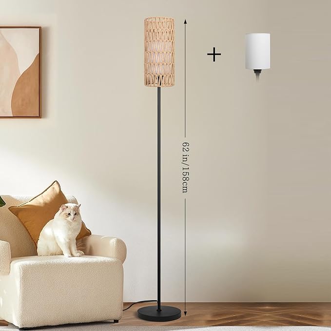 Floor Lamp for Living Room,Farmhouse Rattan Floor lamp,Modern Standing lamp with Dimmer LED Bulb,Black Tall Lamp with Remote Control