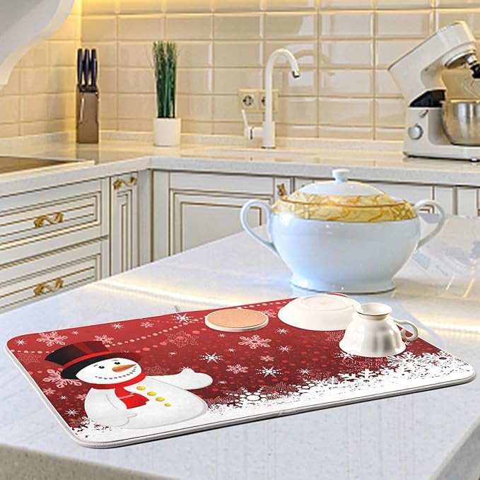 Christmas Snowflakes Snowman Dish Drying Mat 18 X 24 Inch Xmas Snowmen Winter Santa Stars Dry Dishes Pads Tableware Mats Protector for Kitchen Countertops Counter Home Decorations