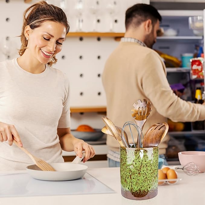 Utensil Holder, Ceramic Kitchen Utensil Holder for Countertop, Large Cooking Utensil Crocks for Kitchen Counter, Morden Utensil Organizer for Spatula, kitchen Decor,Green