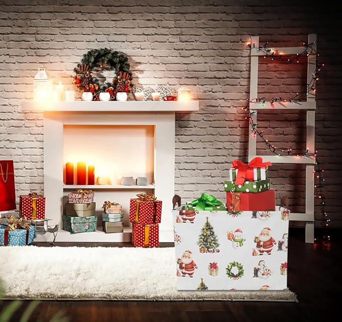 CLOCOR Collapsible Fabric Storage Container, Waterproof Toy Bin with Handles, Gift Basket (Watercolor Christmas)