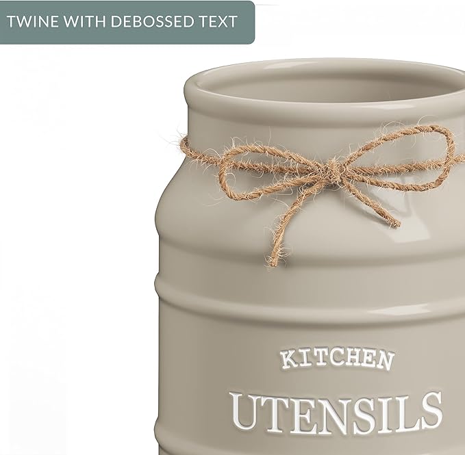 Barnyard Designs Ceramic Farmhouse Utensil Holder for Kitchen Counter, Large Rustic Utensil Crock, Countertop Cooking Tool Spatula Organizer, 6.75” (Taupe)