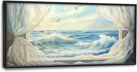 Beach Seagull Wall Art for Living Room, Large Coastal Canvas Wall Decor, Window Curtains Pictures Framed Painting, Landscape Artwork for Bedroom Office Home Decor 60L'' × 30W''
