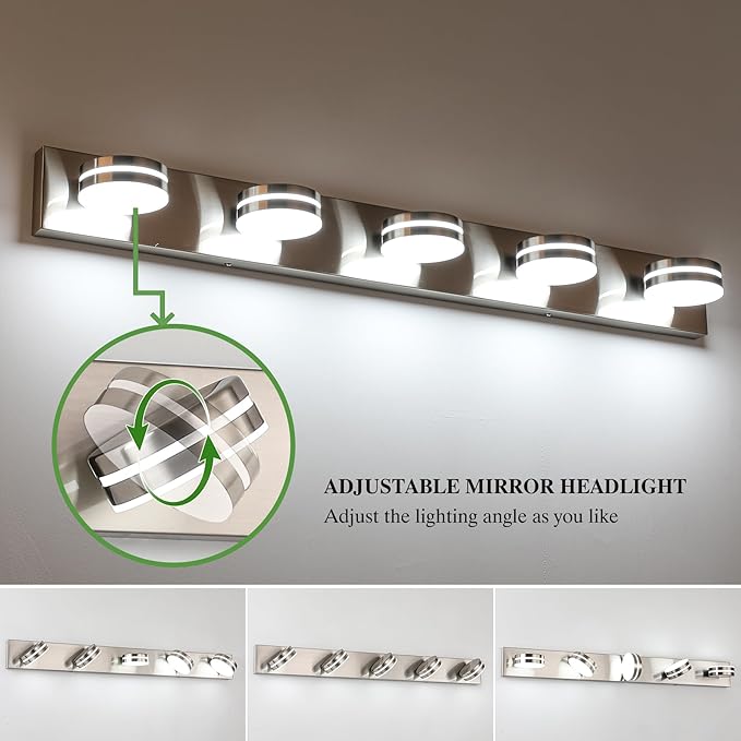Brushed Nickel Bathroom Light Fixtures Over Mirror, 5-Light Bathroom Vanity Light, LED Dimmable Bath Lights, Modern Wall Mounted Lighting Fixture with Rotating Lamp Head