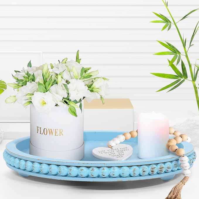 HPC Decor 12in Round Blue Wood Beaded Tray - Decorative Living Room, Coffee Table, Kitchen Table, Dining Room or Farmhouse Serving Tray