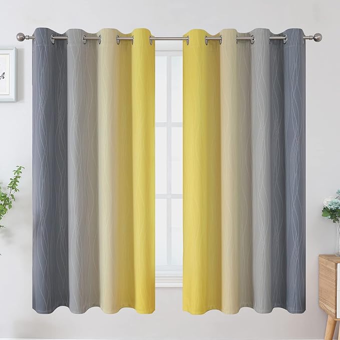 Ombre Gray and Yellow Blackout Curtains 63 Inch Length 2 panels, Full Room Darkening Curtains for Kids Room, Grommet Thermal Insulated Gradient Drapes, Light Blocking Curtains for Bedroom, 52x63 Inch
