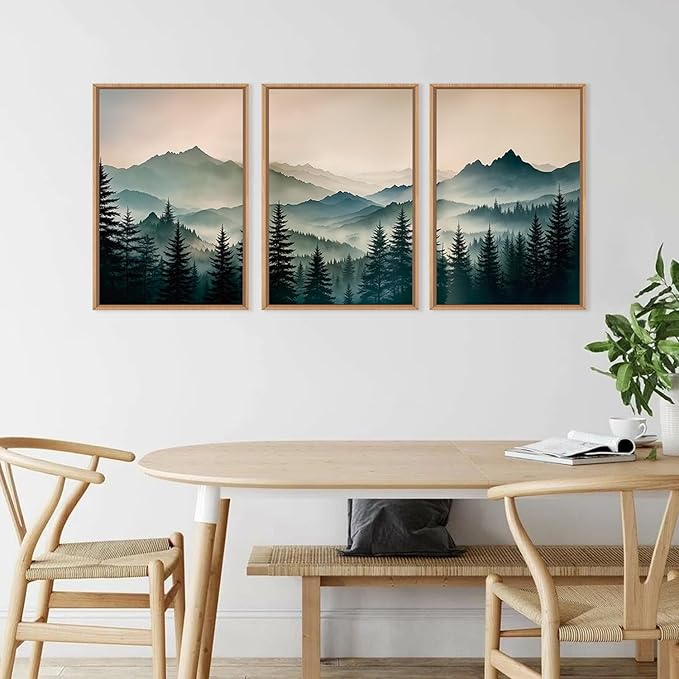 HPNIUB Large Green Mountain Framed Canvas Wall Art,Boho Foggy Forest Wall Decor,Modern Watercolor Pine Tree Wall Painting,Nature Mountains Landscape Art Print for Living Room,Bedroom,Office- 24"x36"x3