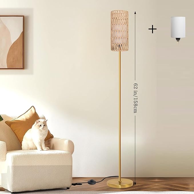 Floor Lamp for Living Room,Farmhouse Rattan Floor lamp,Modern Standing lamp with 3 Color LED Bulb,Gold Tall Lamp with Foot Switch