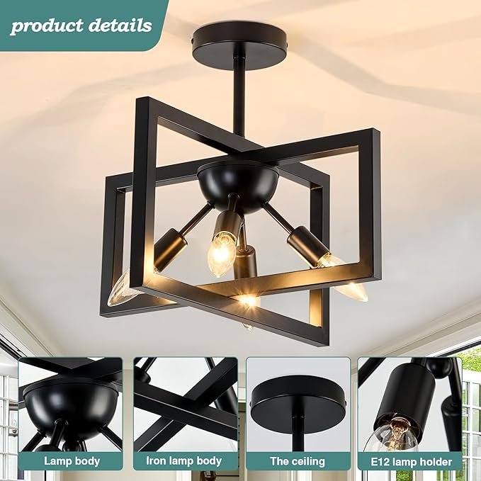 ZGLAOJT 4-Lights Ceiling Light Fixture Modern Black Semi Flush Mount Ceiling Lighting Matte Chandelier for Bedroom Kitchen Foyer Hallway Living Room Farmhouse