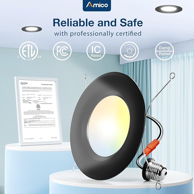Amico 24 Pack 5/6 inch 5CCT LED Recessed Lighting, Dimmable, 12.5W=100W, 950LM, 2700K/3000K/4000K/5000K/6000K Selectable, Retrofit Can Lights with Baffle Trim, IC Rated - ETL & FCC, Black