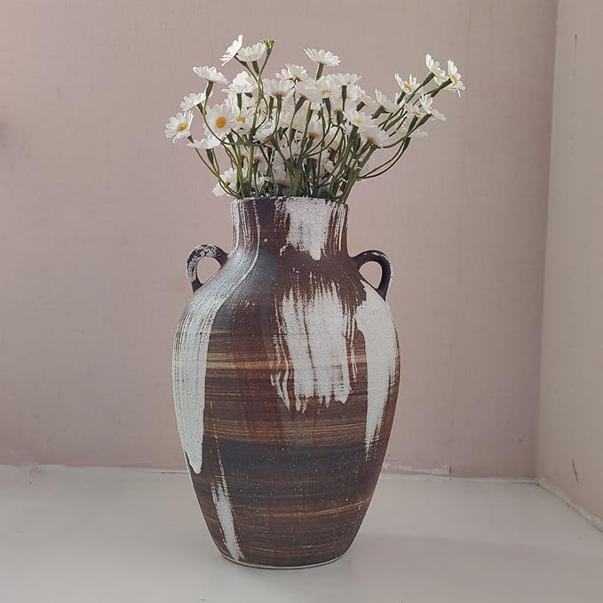 Rustic Pottery Vase - 10" Handmade Brown and White Farmhouse Vase with Handle, Unique Boho vase, Decorative Neutral Vases Home Decor, Vintage Ceramic Flower vases for Living Room, Kitchen Decor