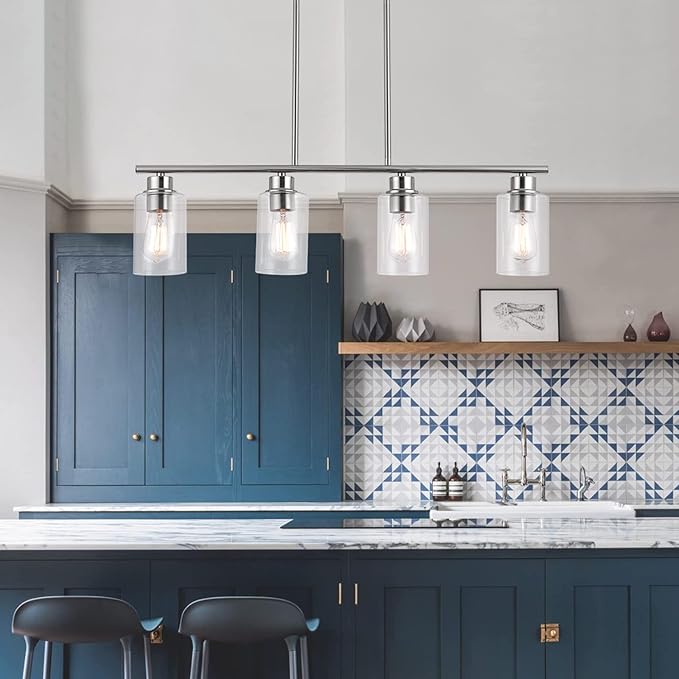 Kitchen Island Light, 4-Light Pendant Lighting, Farmhouse Dining Room Light Fixtures for Kitchen Island Dining Living Room, Brushed Nickel with Clear Glass Shade