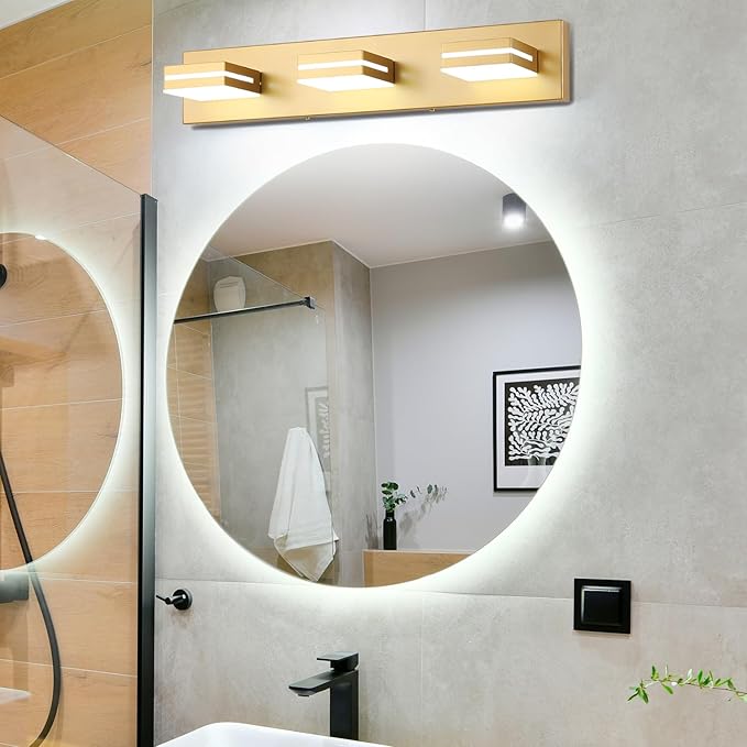 SineRise LED Modern Bathroom Vanity Light Fixtures (3-Light, 24-Inch), Matte Gold Modern Acrylic Bathroom Wall Lighting Fixtures Over Mirror (Cool White 6000K)