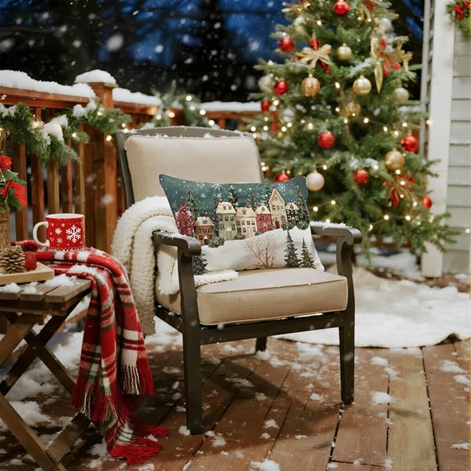 Winter Lumbar Decorative Rectangle Pillow Cover 12 x 20, Wonderland Forest House Snowflake Vintage Porch Outdoor Pillowcase, Christmas Holiday Seasonal Farmhouse Cushion Case Home Decor