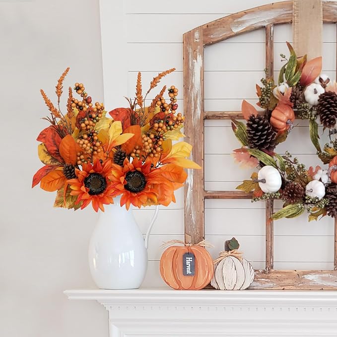 Briful Set of 2 16in Fall Orange Sunflower Picks and Sprays with Pinecones Berries Eucalyptus Leaves Artificial Fall Floral Branches Stems for Autumn Home Wedding Party Vase Centerpieces Decor
