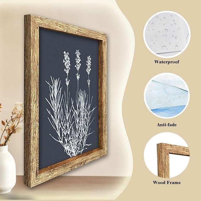 GUMEYJIA Botanical Wall Art Print White Wildflower on Navy Background Rustic Vintage Farmhouse Home Kitchen Wall Decor (Frame 8x10in)