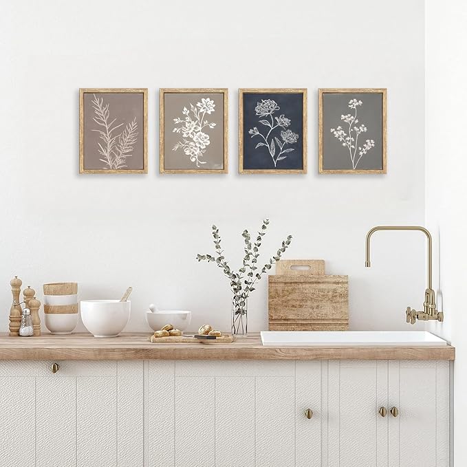 GUMEYJIA Boho Wall Art Set of 4 for Framed Minimalist Botanical Print Canvas Art Rustic Vintage Farmhouse Home Kitchen Wall Decor (8x10 in)