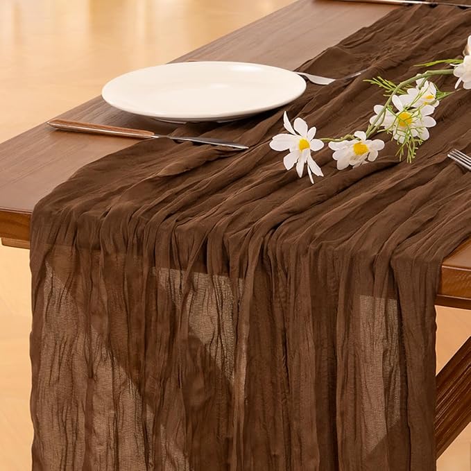 Socomi 3pcs Brown Coffee Fall Thanksgiving Cheesecloth Table Runner Boho Rustic Gauze 120 inch 10FT Cheese Cloth Runner for Wedding Party Baby Shower Birthday Home Decor Holiday Decorations