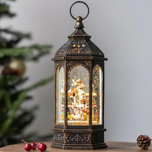 Animated Christmas Village Buildings with Moving Figurines Lighted Water Lantern, USB Lined/Battery Operated Snow Globe for Christmas Festival Decoration Gifts