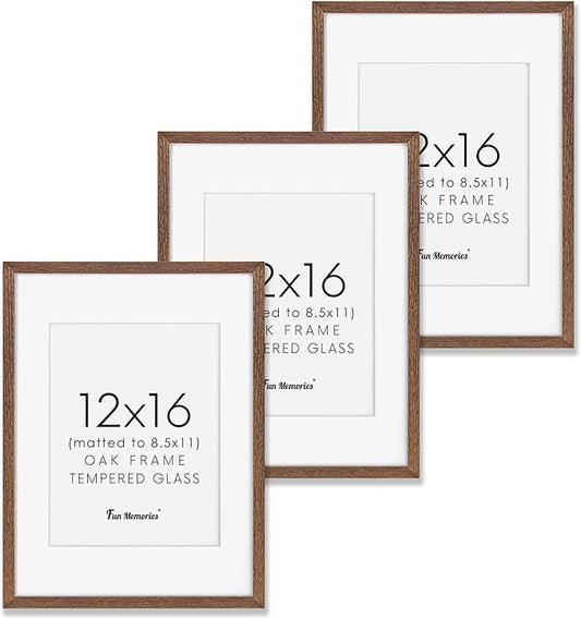 12x16 Picture Frames, Solid Oak Wood 12"x16" Picture Frame - Tempered Real Glass, 12x16 Frame Matted to 8.5x11, 12 x 16 Photo Frames for Wall, Rustic Wall Gallery Frame (Walnut Color, 3 Pack)