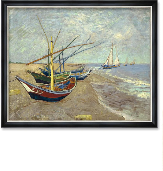 DECORARTS - Boats At Saintes Maire by Vincent Van Gogh Art Reproduction. Oversize Solid Wooden Frame Matching with Giclee Prints Canvas Wall Art. Total framed size: 43x35