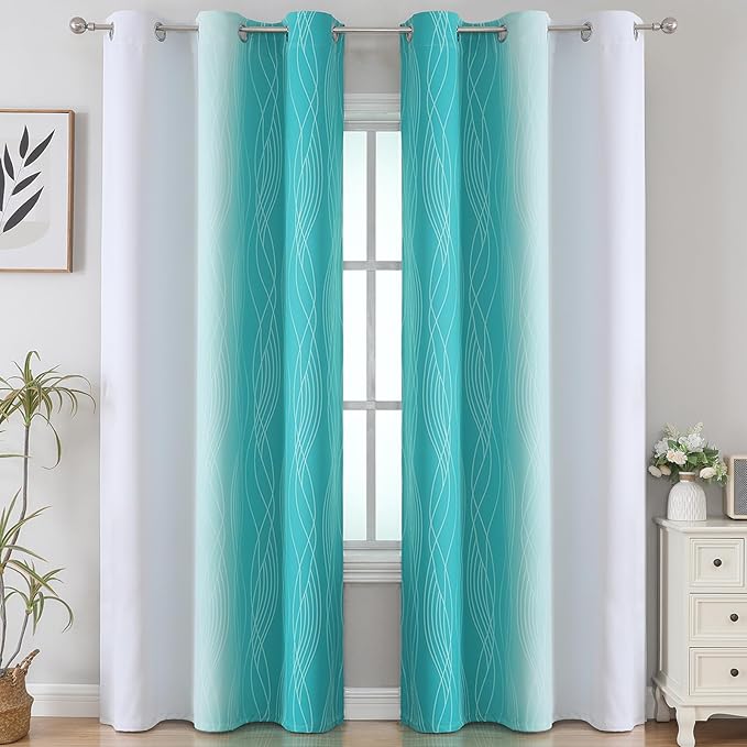 Estelar Textiler Teal and Greyish White Room Darkening Blackout Curtains 84 Inches Long for Living Room, Thermal Insulated Ombre Light Blocking Grommet Blackout Drapes for Bedroom, 42Wx84L, 2 Panels
