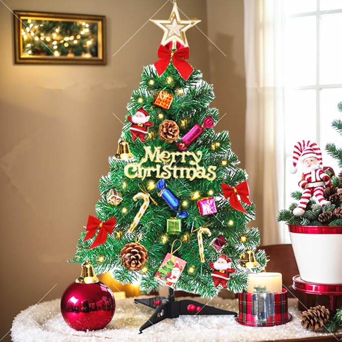 Mini Christmas Tree Small Christmas Tree with LED Lights Ornaments Tabletop Artificial Christmas Decorations Indoor Christmas Decor 24"/60cm