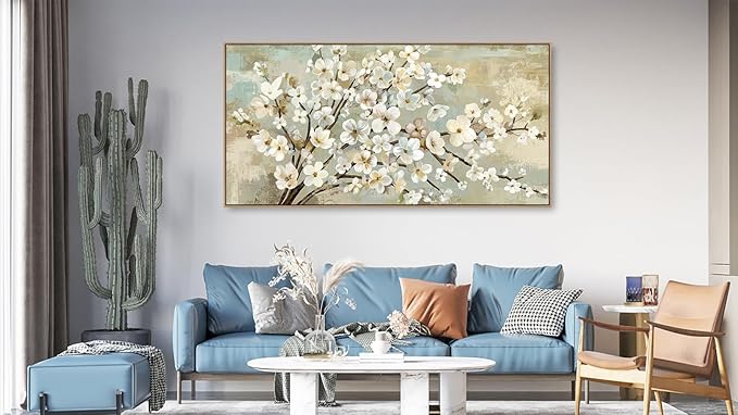 arteWOODS Flowers Framed Wall Art - Beige Flower Branches Canvas Pictures Wall Decor Rustic Brown Botanical Painting Artwork Elegant Floral Prints for Living Room Bedroom 40 x 20in Natural Wood Frame