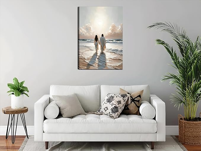 Jesus Canvas Wall Art and Woman Walking on Water Religious Coastal Wall decor pictures Christian Painting poster prints for living room bedroom Home Decoration Ready to hang (12inx16in Canvas)