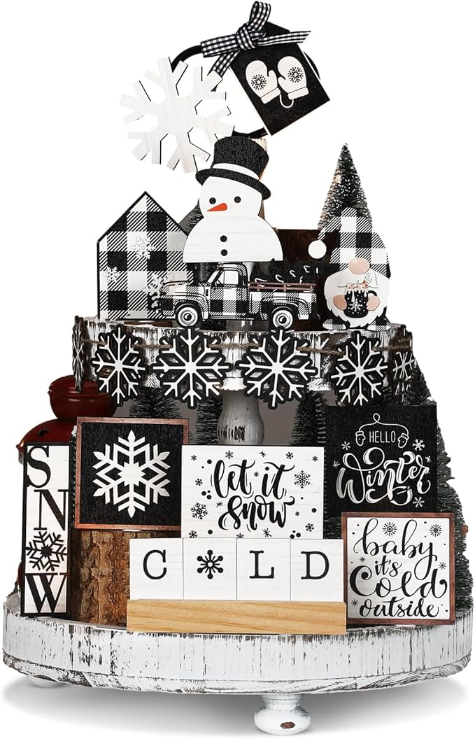 17 Pcs Christmas Tiered Tray Decor Set Winter Tiered Tray Decorations Farmhouse Tabletop Centerpiece Christmas Wooden 3D Sign for Xmas Home Buffalo Plaid Rustic Table Decoration(Cool)