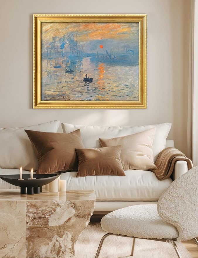 DECORARTS - Claude Monet Impression Sunrise Giclee Print with Gold Solid Wood Frame, Impressionist Large Framed Wall Art, Ready to Hang, Framed Size 34.75x28.75, Made in USA