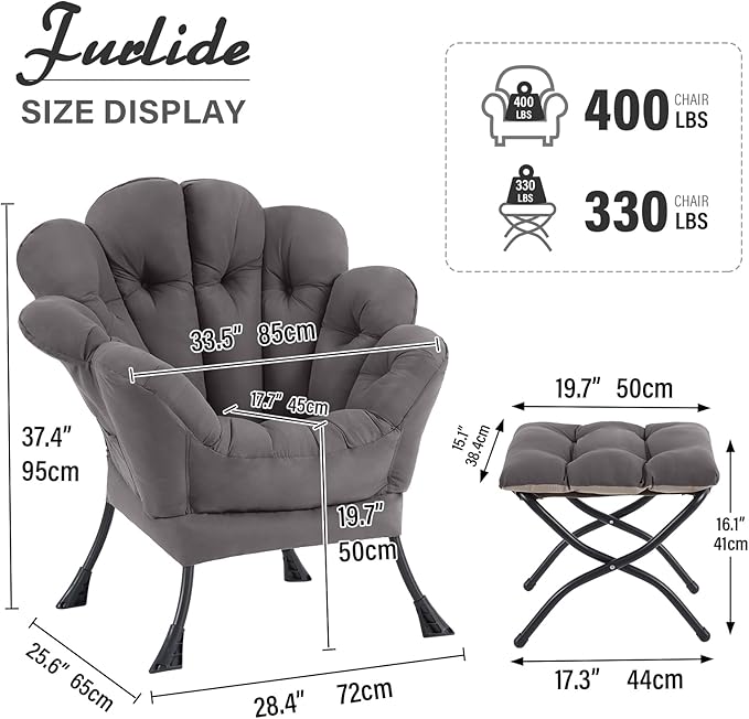 Lazy Chair with Ottoman, Modern Floral Reading Chair with Folding Footrest, Lounge Accent Chairs, Comfortable Oversized Armchairs for Bedroom, Living Room, Courtyard, Dark Grey