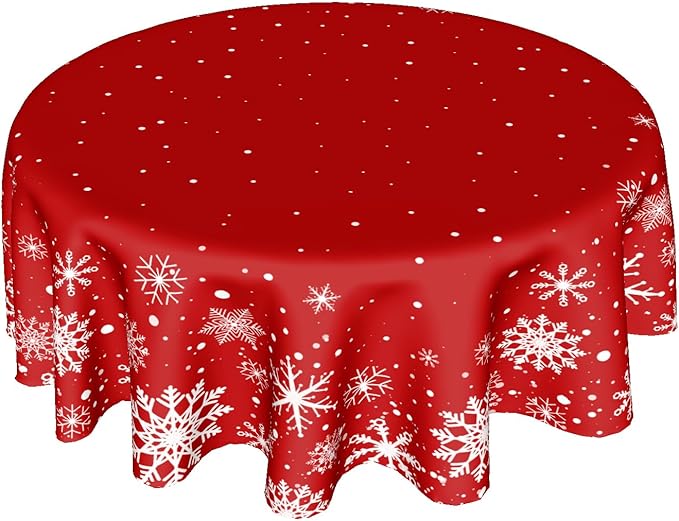 Christmas Round Tablecloth 60 Inch, Merry Christmas Snowflake Round Table Cloth Outdoor Waterproof Christmas Tablecloths Red Xmas Cover Holiday Tabletop Decoration for Kitchen Home Party Dining