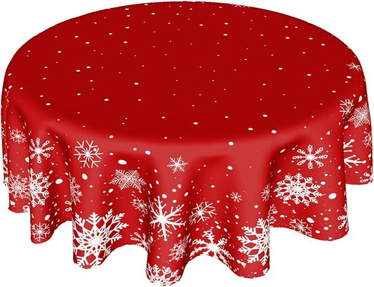 Christmas Round Tablecloth 60 Inch, Merry Christmas Snowflake Round Table Cloth Outdoor Waterproof Christmas Tablecloths Red Xmas Cover Holiday Tabletop Decoration for Kitchen Home Party Dining
