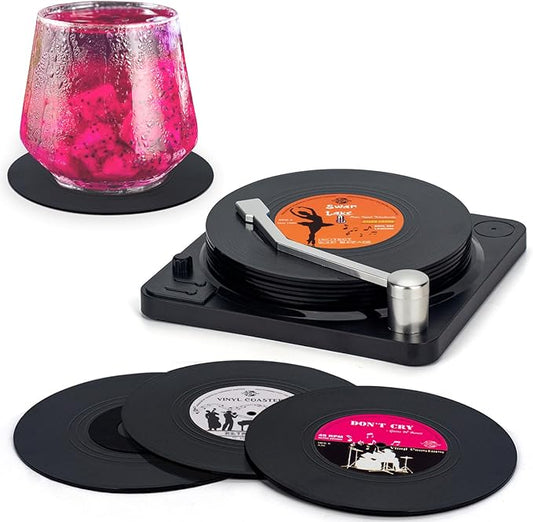 Valdivia Funny Retro Vinyl Record Coasters with Player, 6 Pcs Music Coasters for Drinks, Bars, Party, Birthday Gifts for Music Lovers, Home Decor Housewarming and White Elephant Gifts Ideas