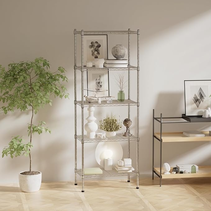 5 Tier Shelving Unit, 176 LBS Per Shelf Height Adjustable Narrow Storage Shelves, Heavy Duty Metal Garage Metal Shelves for Kitchen, Restaurant, Pantry, Laundry, 23"x 13.4"x 59", Chrome