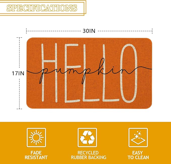 Fall Pumpkin Welcome Doormat 30x17 Inch Hello Pumpkin Front Door Mat Indoor Outdoor Entrance Floor Mats Non-Slip Washable Seasonal Autumn Thanksgiving Home Decor Rugs