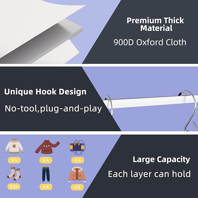 Twira 6-Shelf Hanging Closet Organizer, 2 Separable 3-Shelf Hanging Shelves, Hanging Storage with 3 Removable Drawers 4 Side Pockets, Storage Organizer for Closet, Nursery (White)