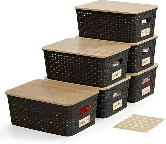 Small Plastic Storage Bins with Bamboo Lids 5.2qt Stackable Box Basket Pantry Decorative Containers Cute with Lable for Organizing Desktop Closet Office Black of 6 packs 10 * 7.2 * 4.1'’