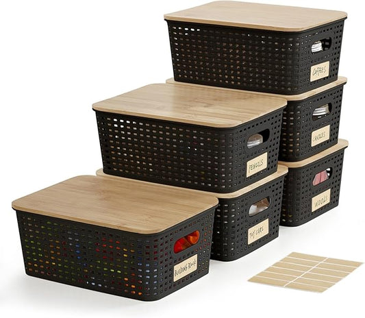 Small Plastic Storage Bins with Bamboo Lids 5.2qt Stackable Box Basket Pantry Decorative Containers Cute with Lable for Organizing Desktop Closet Office Black of 6 packs 10 * 7.2 * 4.1'’