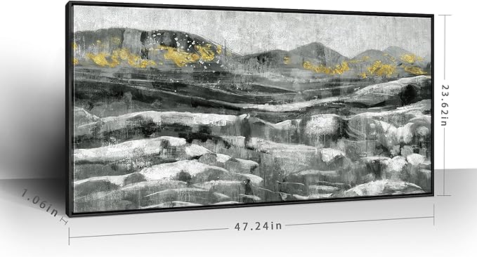 Black Framed Wall Art for Living Room Abstract Mountain & Sea Nature Landscape White Ocean Waves Picture Modern Minimalist Textured Seascape Painting Coastal Canvas Print Neutral Artwork 24x48inch