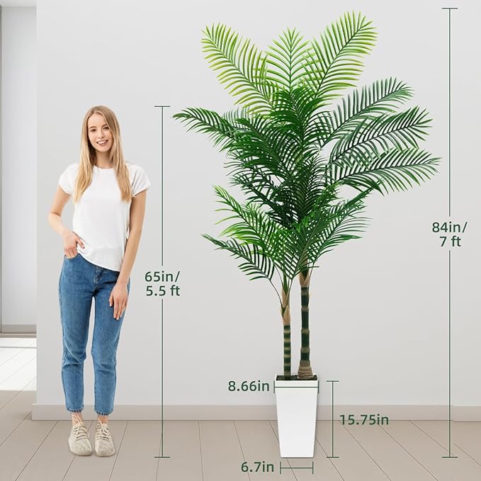 7ft Artificial Golden Cane Palm Tree with LED Fairy Lights & White Tall Planter-Lifelike Faux Tropical Palm with Realistic Trunk and Palm Leaves for Indoor Home Office Living Room Corner Decor