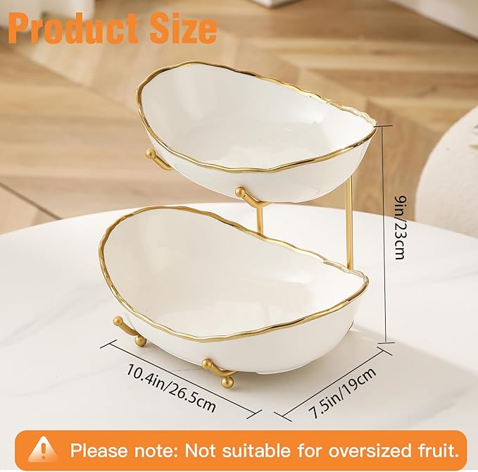 2 Tier Ceramic Fruit Bowl for Kitchen Counter, Tiered Fruit Basket for Countertop, Modern Multi Layer Fruit Display Stand for Party, Cute & Smal (Gold-rimmed)