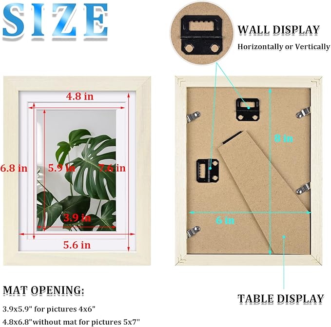 Egofine 6x8 Picture Frames Set of 4, Made of Solid Wood Covered by Plexiglass 4x6 and 5x7 with Mat or 6x8 without Mat, for Table Top Display and Wall Mounting Photo Frame Beige